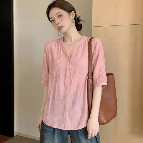 大码法式五分袖气质短袖衬衫女夏季新款胖mm宽松遮肉显瘦外穿上衣