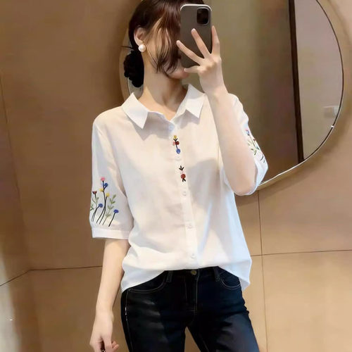 小清新翻领碎花刺绣白色衬衫女夏季大码胖mm韩版减龄洋气百搭上衣