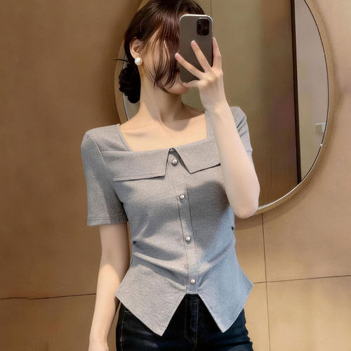 修身显瘦气质灰色短袖上衣2026夏季新款通勤时尚百搭大码胖mm女装
