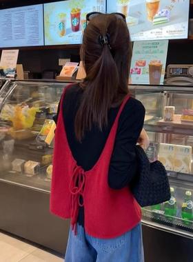 大码女装红色v领针织吊带背心2025早秋新款韩系外搭叠穿无袖上衣
