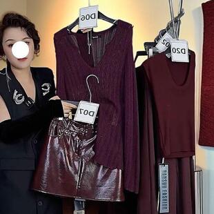 时尚套装衣服女针织衫短款皮裙镂空长袖秋冬毛衫套头显瘦气质内搭