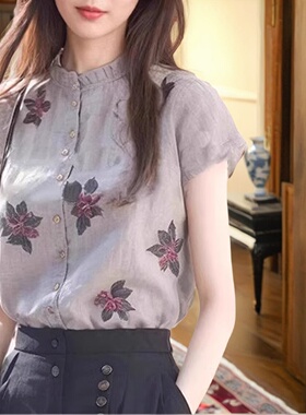 2025夏季新款洋气小衫碎花立领短袖设计感上衣显瘦气质印花衬衫女