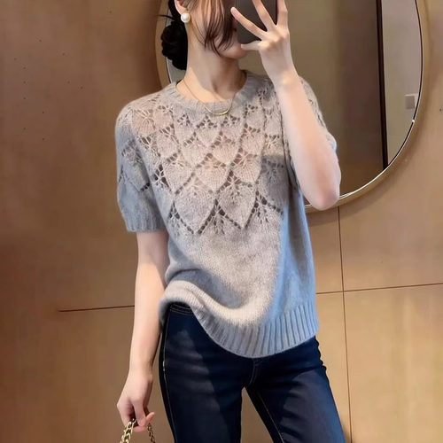 胖mm韩系镂空舒适圆领针织T恤女2026夏季新款通勤百搭大码上衣