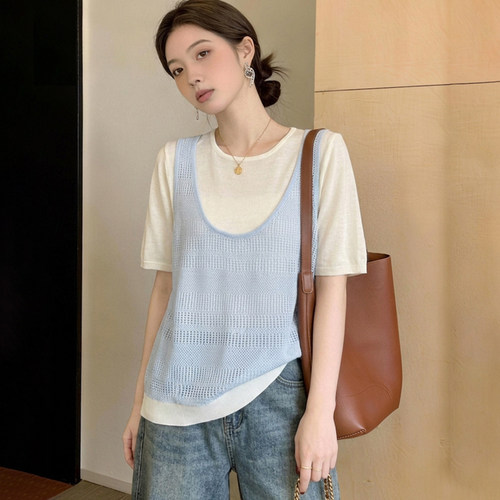 浅蓝色蕾丝镂空吊带冰丝正肩短袖T恤女2026夏大码胖mm假两件上衣