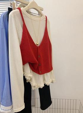 红色针织吊带t恤女针织衫开衫马甲上衣女2025春秋新款叠穿设计感