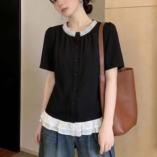 黑色钉珠正肩短袖T恤女2026夏新款胖mm洋气减龄小衫花边下摆上衣