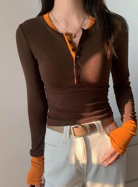 春秋冬季撞色假两件独特别致内搭打底衫女设计感减龄辣妹长袖上衣