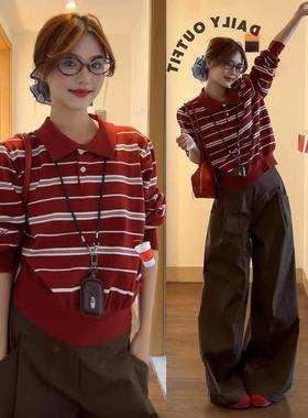 早秋季学院风慵懒长袖针织衫2025新款设计感红色条纹polo衫上衣