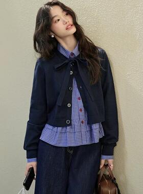 藏蓝色蝴蝶结针织衫毛衣开衫短外套2025春季新款女上衣秋冬