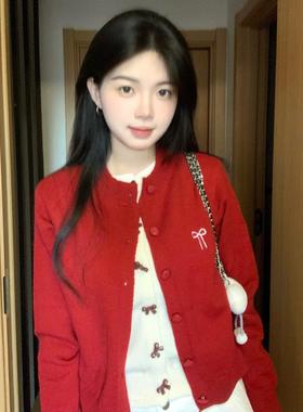 复古假两件红色毛衣2025开衫新款秋冬秋冬季慵懒蝴蝶结针织衫上衣