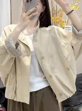 韩系短款立领工装外套女2025秋季新款宽松休闲小个子撞色夹克上衣