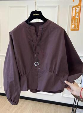 韩系休闲秋季新款时尚小众设计感蝙蝠袖衬衫宽松圆领显瘦好看上衣