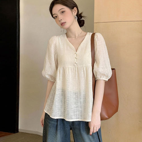 气质V领泡泡袖衬衫女夏季大码胖妹妹宽松显瘦设计感小众减龄上衣