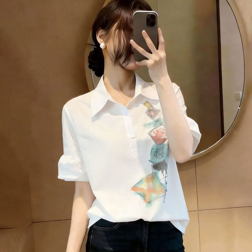 时尚印花衬衫女2026春秋季新款洋气翻领遮肉显瘦宽松百搭休闲上衣