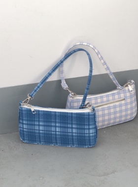PP自制/2020春夏新款蓝白格子法棍腋下包斜挎包女百搭送长肩带