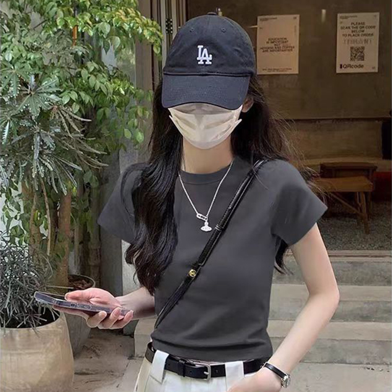 白色圆领收腰正肩短袖t恤女2025新款夏季修身辣妹短款打底衫上衣