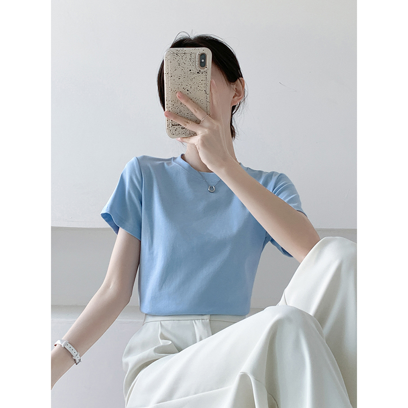 蓝色正肩女t恤短袖2025新款小个子纯棉圆领打底衫基础纯色上衣夏