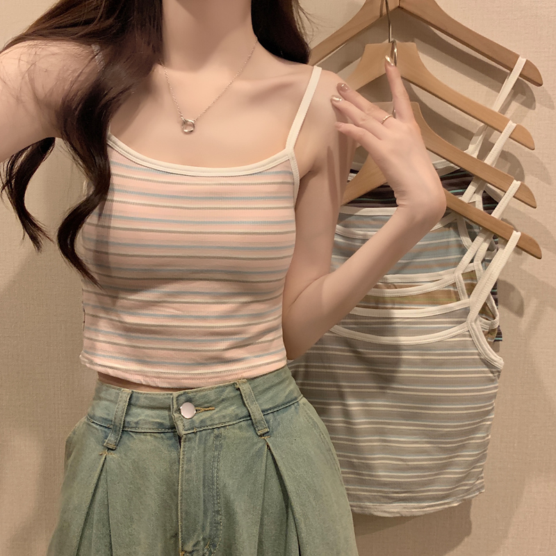 纯棉吊带背心女外穿夏季2025新款打底条纹短款辣妹带胸垫抹胸上衣