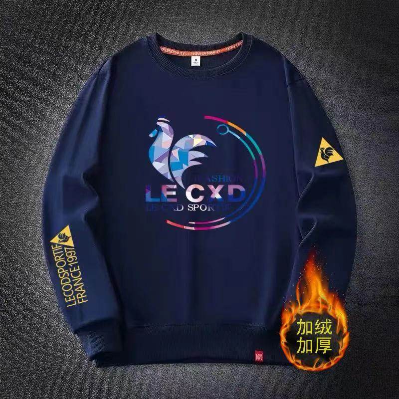 法国公鸡卫衣秋冬款加肥加大藏蓝印花加绒加厚圆领学生上衣男士潮