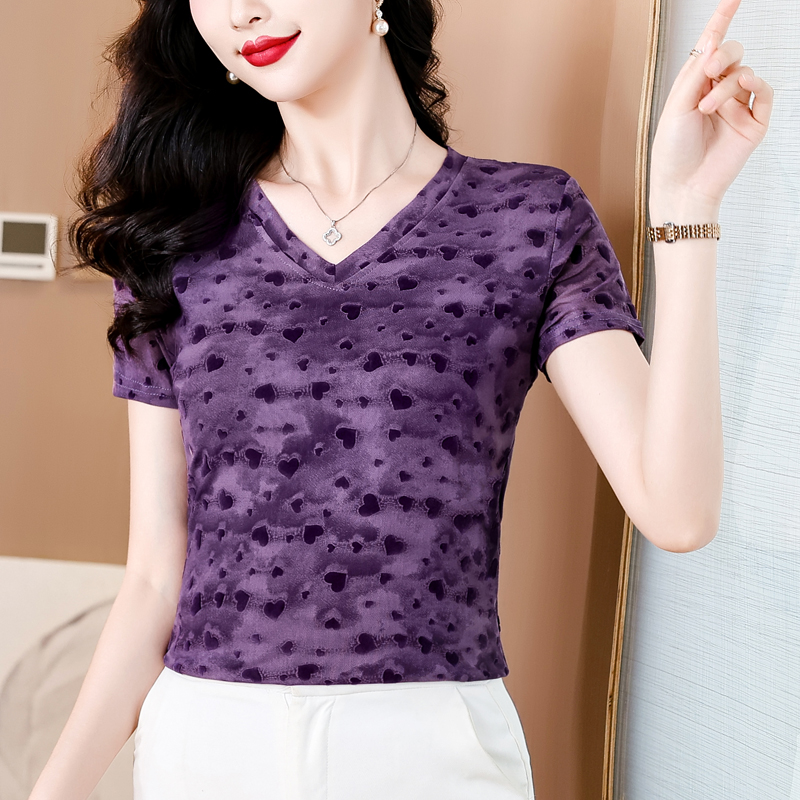 V领短袖花色冰丝网纱打底衫