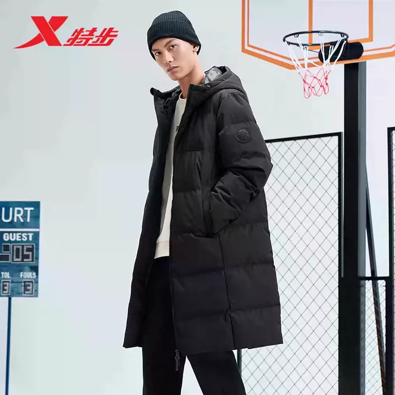 特步运动中长款连帽羽绒服男2025冬新款宽松保暖外套976429640100