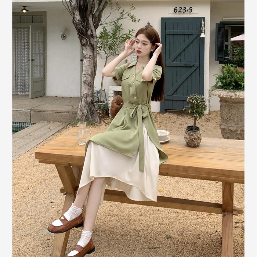 大码高级感微胖女生polo连衣裙女夏季不规则裙子胖mm遮肚显瘦长裙