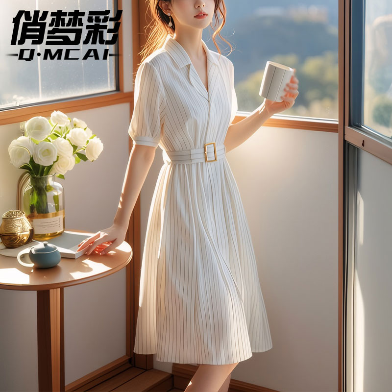 法式西装领短袖条纹连衣裙女2025夏季新款小个子职业气质a字裙子