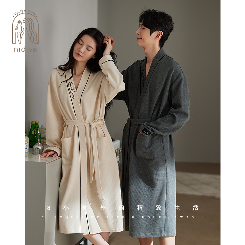 秋棉质情侣华夫格睡袍简约家居服