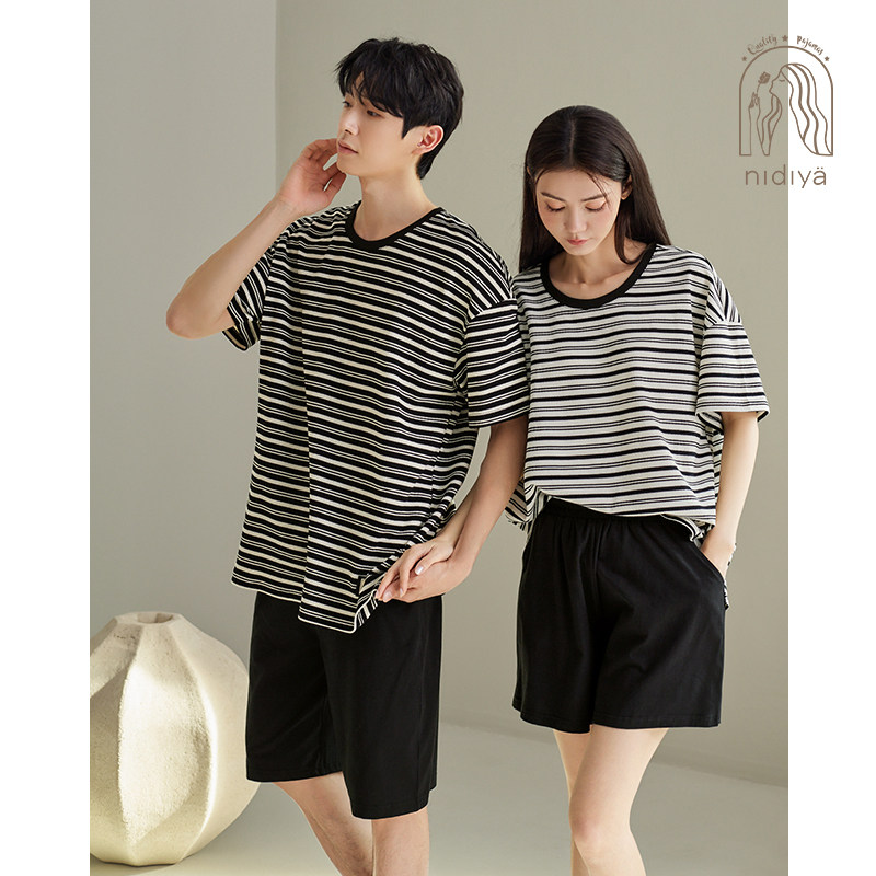 妮狄娅2024情侣睡衣女夏季纯棉短袖男圆领套头外穿条纹家居服套装