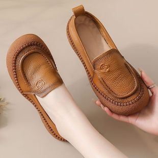 平底豆豆中老年妈妈鞋 头层牛皮软底软面舒适百搭单鞋 一脚蹬乐福鞋