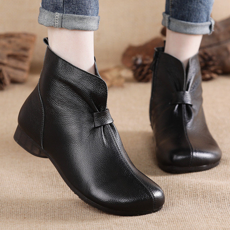 牛皮牛筋底平跟女靴单靴加绒软底防滑短靴复古真皮妈妈棉鞋中老年,女鞋,时装靴,淘宝优惠券,粉丝福利购,淘宝优惠卷