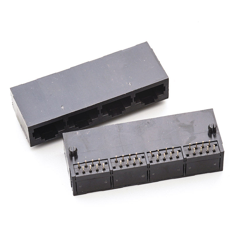 RJ45母座59-1X4全塑21长黑色8P8C耐温镀金四联卧式RJ45网路连接器