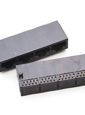 RJ45母座59-1X4全塑21长黑色8P8C耐温镀金四联卧式RJ45网路连接器