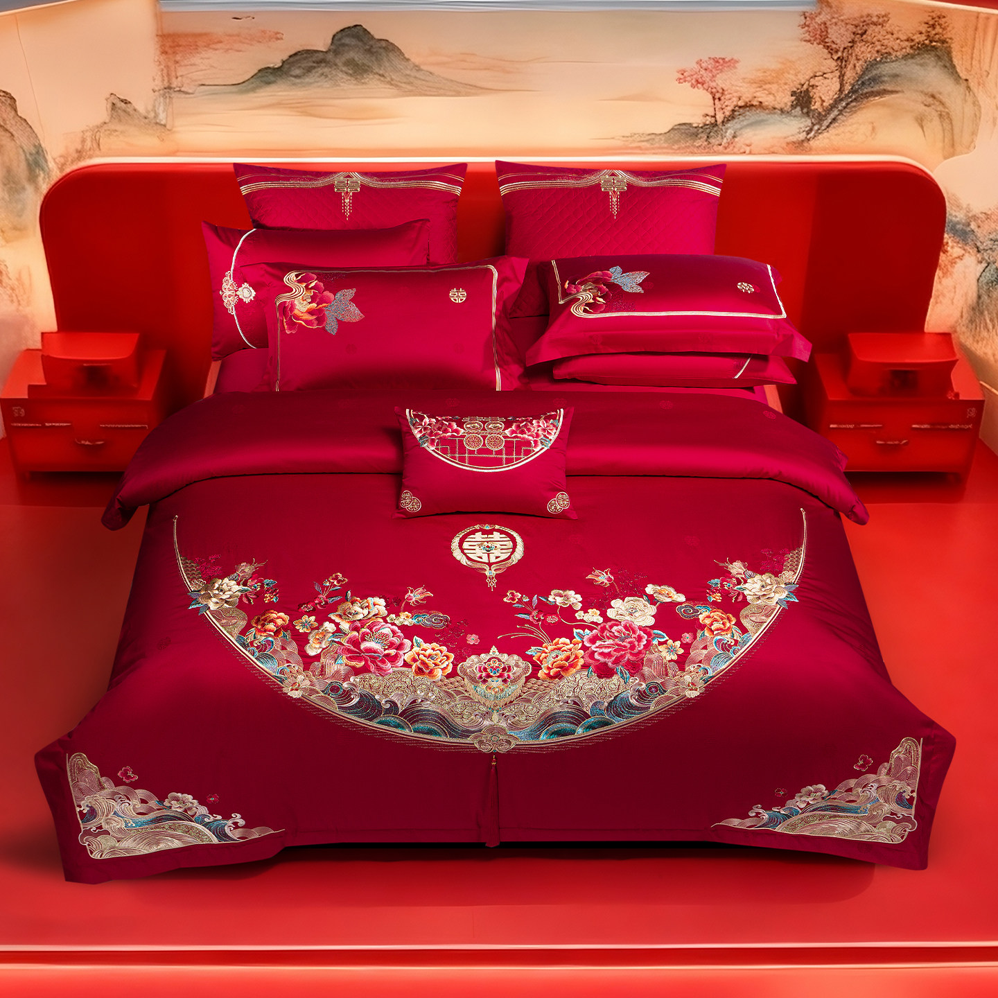 思辰高端中式婚庆大红色结婚四件套陪嫁喜被床上用品全棉十件套装,床上用品,婚庆床品套件,淘宝优惠券,粉丝福利购,淘宝优惠卷
