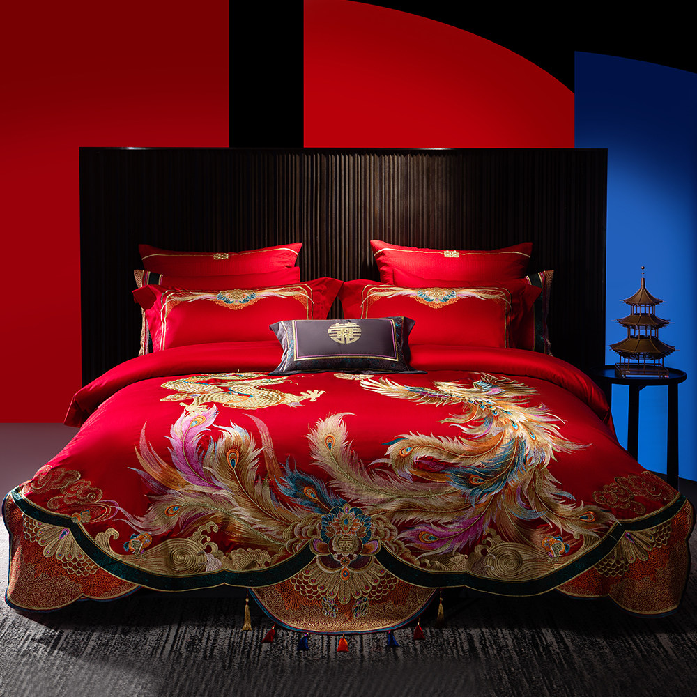 思辰高端奢华结婚四件套纯棉刺绣被套婚庆十件套中式陪嫁床上用品