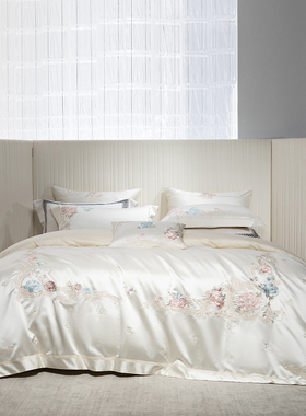 欧式奢华纯棉四件套高端真丝棉刺绣被套床单别墅高级感床上用品