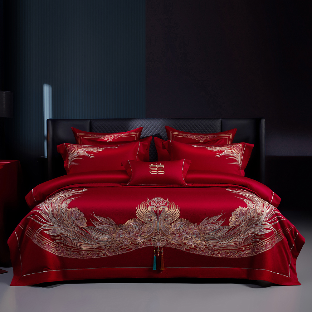 160支厚织刺绣大红色结婚四件套