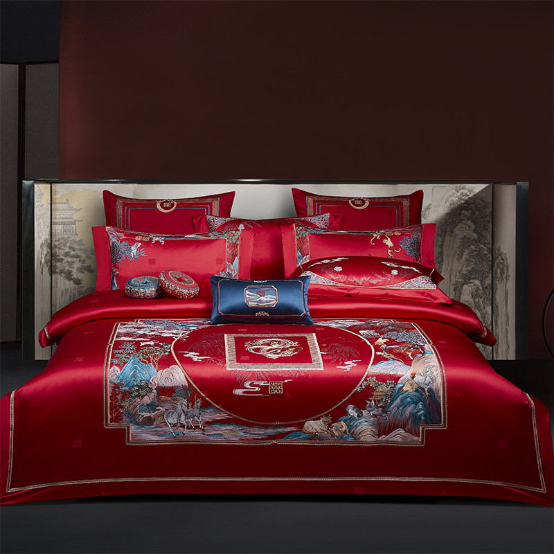 高端奢华婚庆四件套红色刺绣真丝喜被婚礼婚嫁结婚十件套床上用品