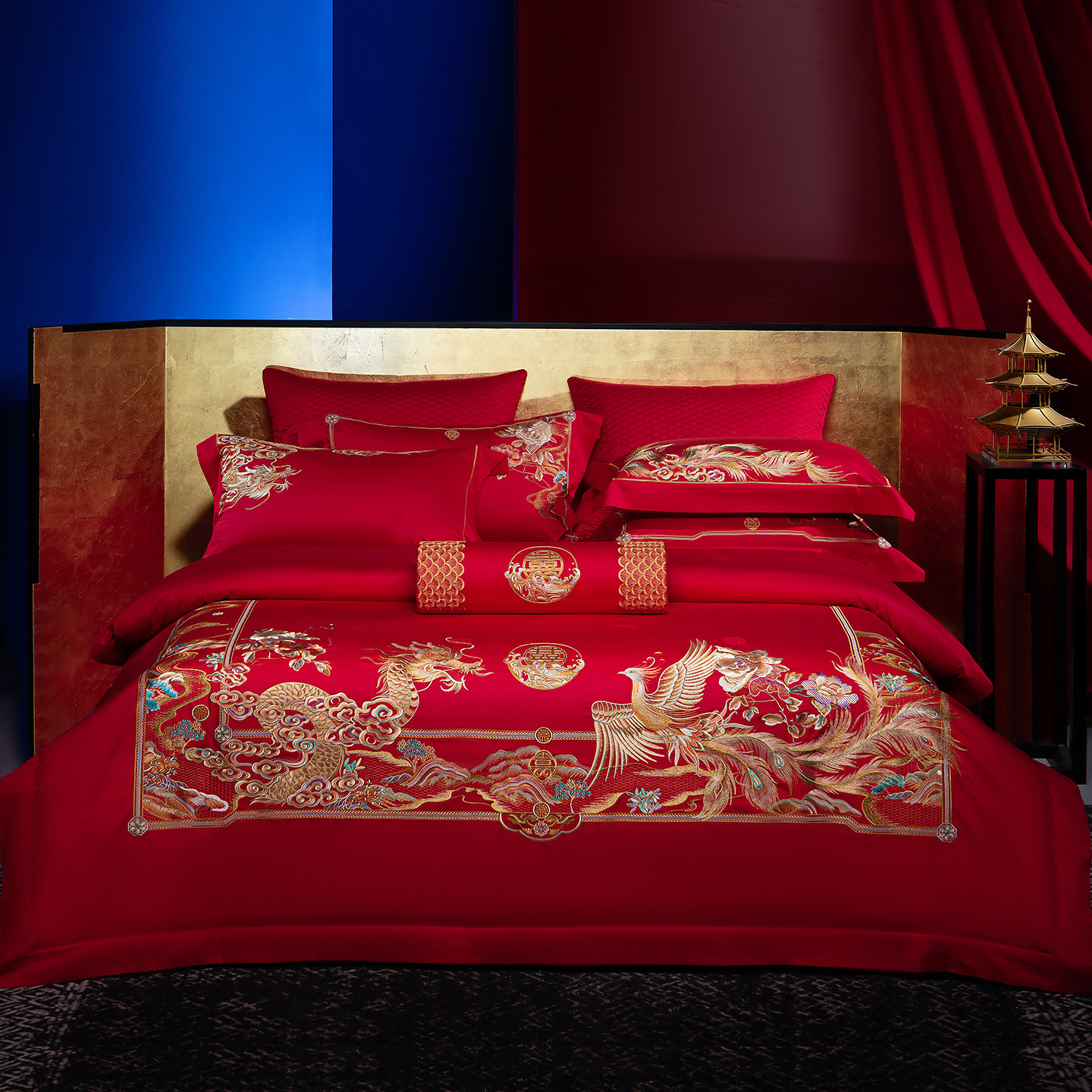 思辰结婚四件套高端喜庆全棉纯棉大红色龙凤刺绣婚庆喜被床上用品