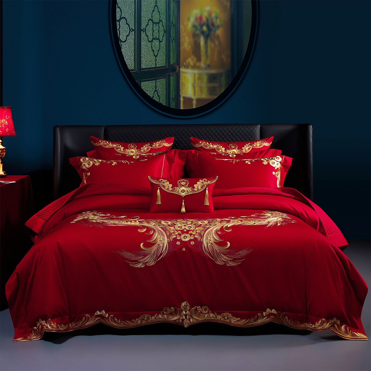 思辰中式大红婚嫁四件套全棉婚庆床上用品结婚十件装女方陪嫁婚被