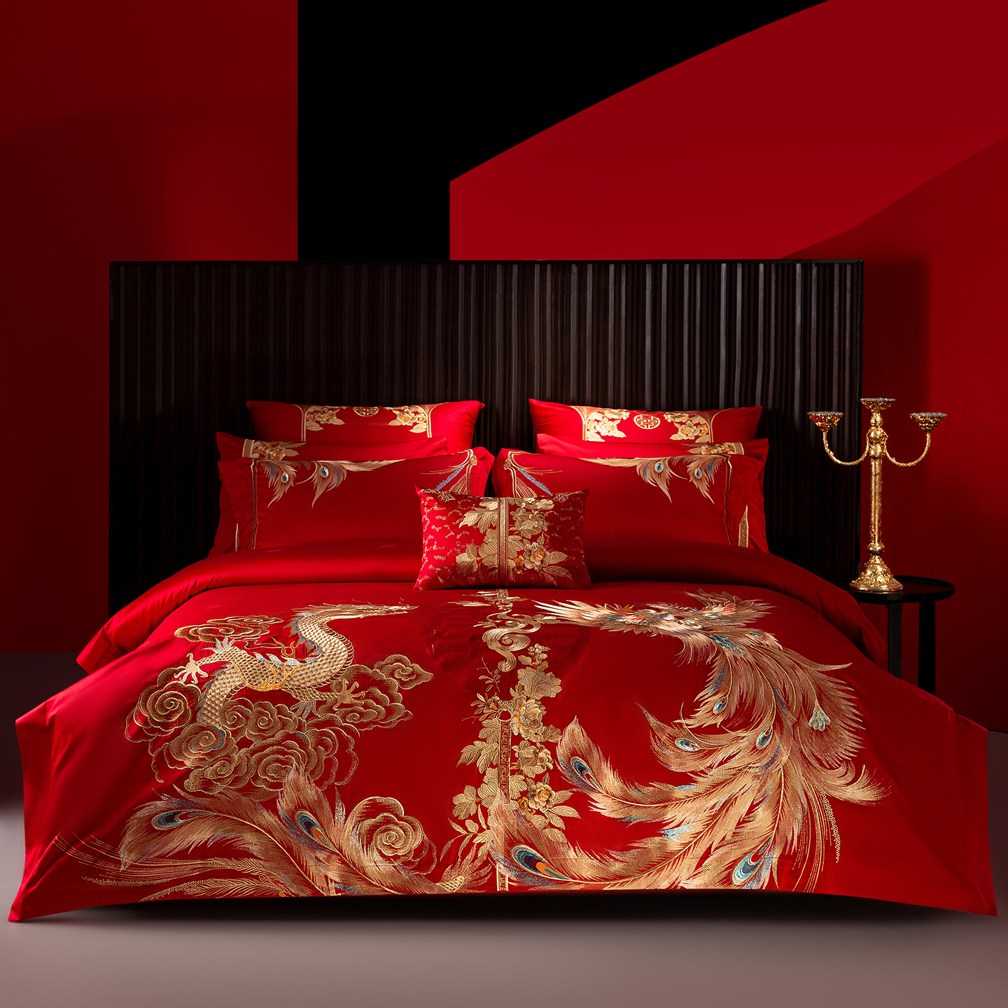 思辰140支结婚四件套全棉高端喜庆大红色龙凤婚庆刺绣喜被十件套
