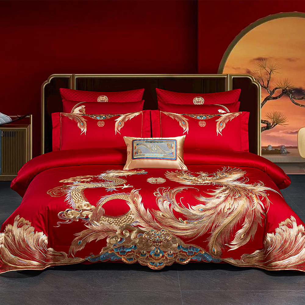 结婚龙凤四件套全棉大红色喜被