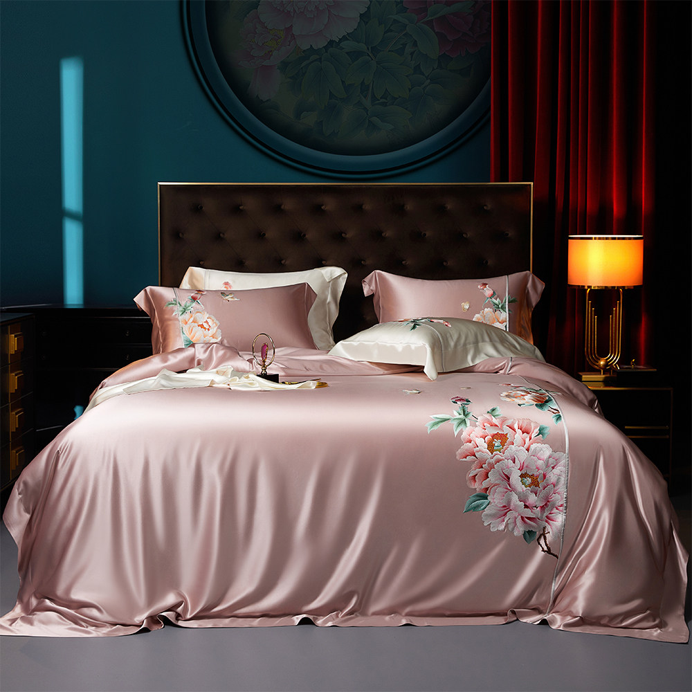 思辰家纺中式国潮真丝四件套纯手工刺绣100桑蚕丝绸被套双上用品