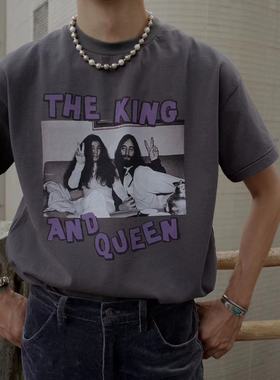 Bardoc做旧水洗灰紫色vintage列侬小野洋子美式复古短袖t男女款