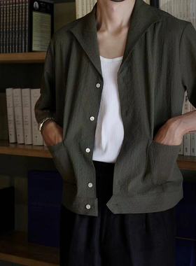 Bardoc Vincent Shirts 泡泡纱复古暗格纹墨绿一片领短袖衬衫