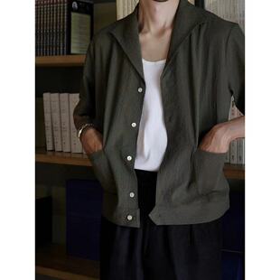 【sale】Bardoc Vincent Shirts泡泡纱暗格纹墨绿一片领短袖衬衫