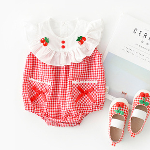 衣服百天 薄款 婴儿连体衣女宝宝红色三角哈衣纯棉3 12公主爬服夏装