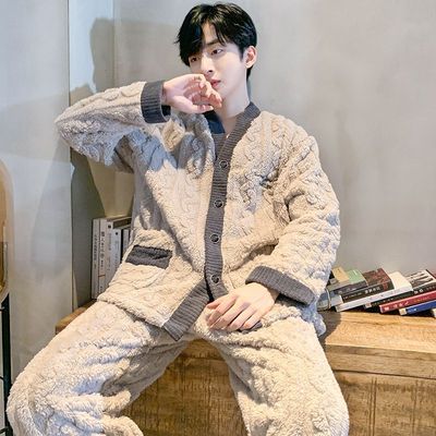 美梦服饰睡衣男2023秋冬季加厚加绒简约珊瑚绒家居服套装可外穿