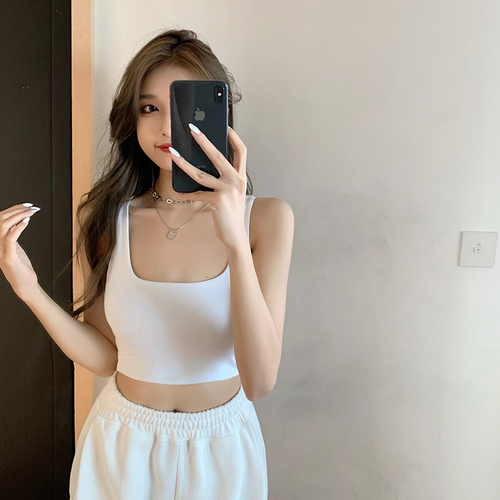 Real shooting 2021 summer niche square collar basic versatile vest with navel exposed, slim and smart top