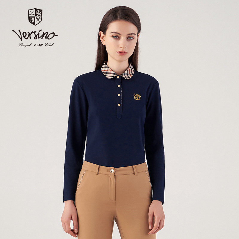 梵思诺长袖百搭通勤T恤格子翻领